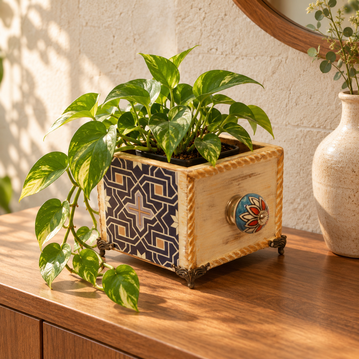 Handcrafted Blue decoupage planter styled with money plant for table or shelf décor – hoWme
