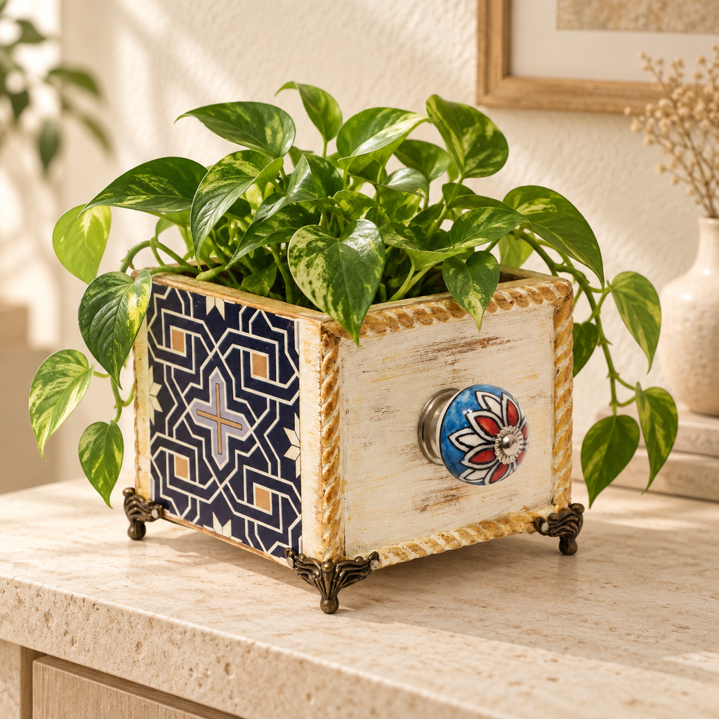 Handcrafted Blue decoupage planter lifestyle view with plant for table or shelf décor – hoWme