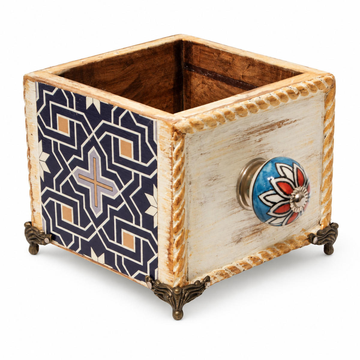 Handcrafted Blue decoupage planter on white background for table or shelf décor – hoWme