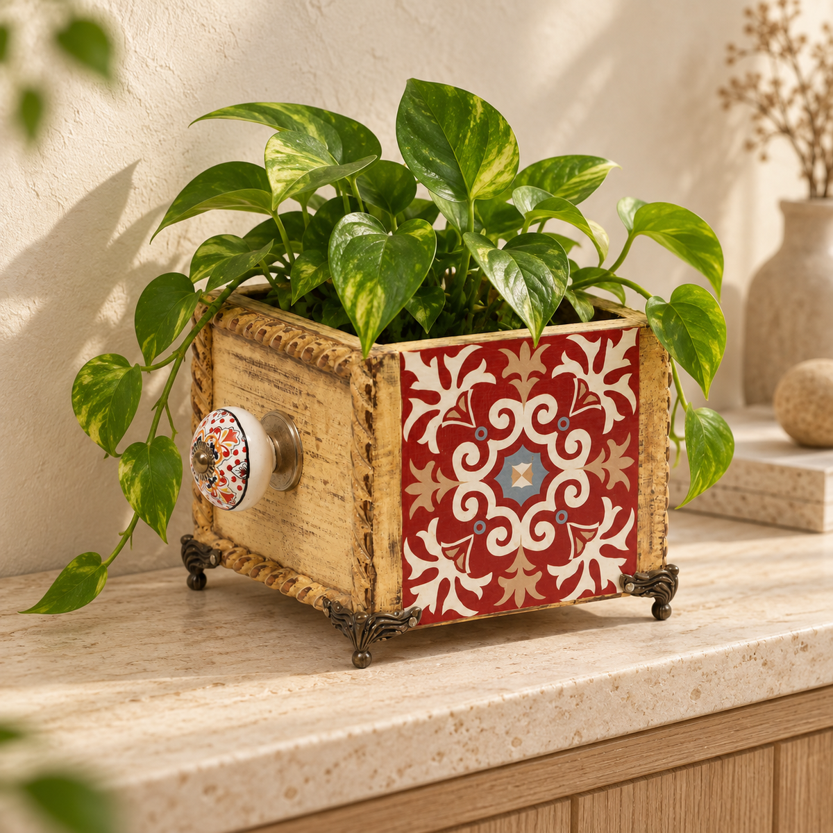 Handcrafted Red decoupage planter with plant lifestyle setting for table or shelf décor – hoWme
