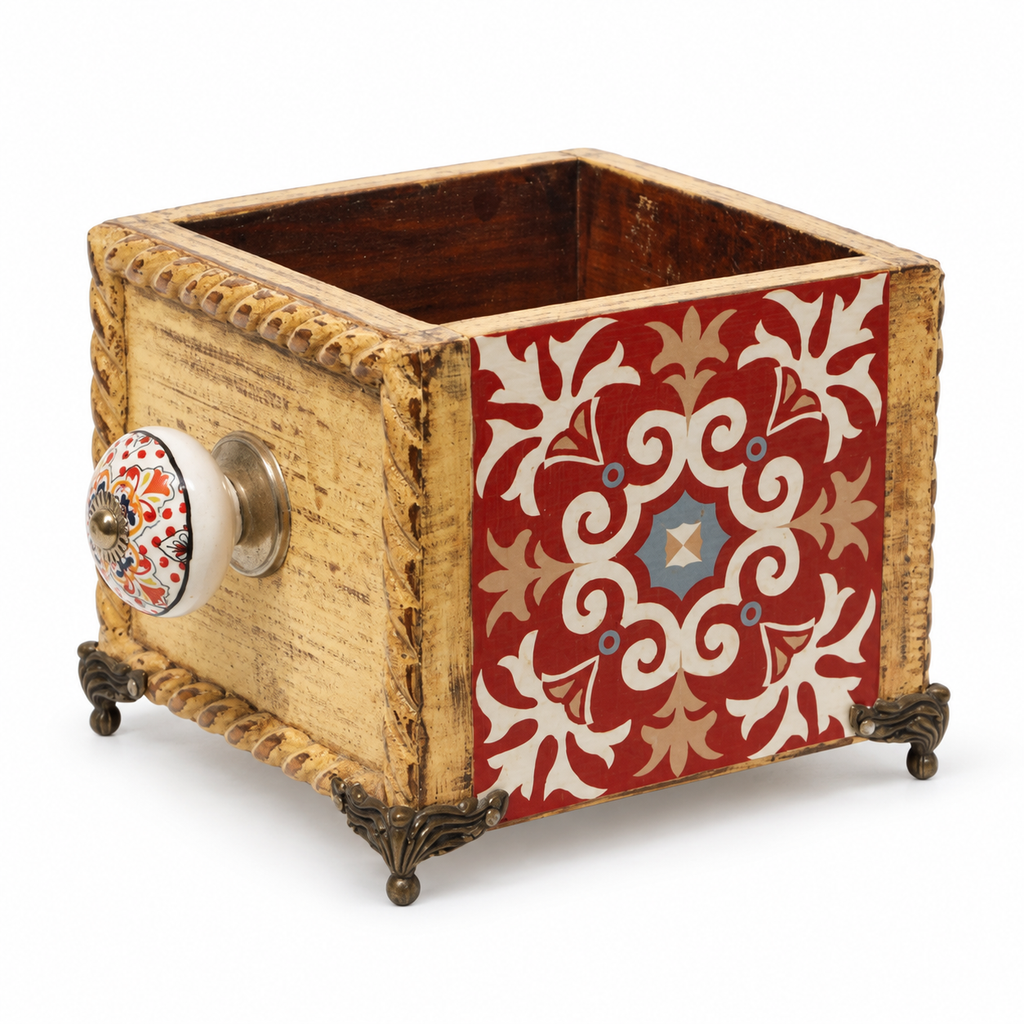 Handcrafted Red decoupage planter on white background for table or shelf décor – hoWme