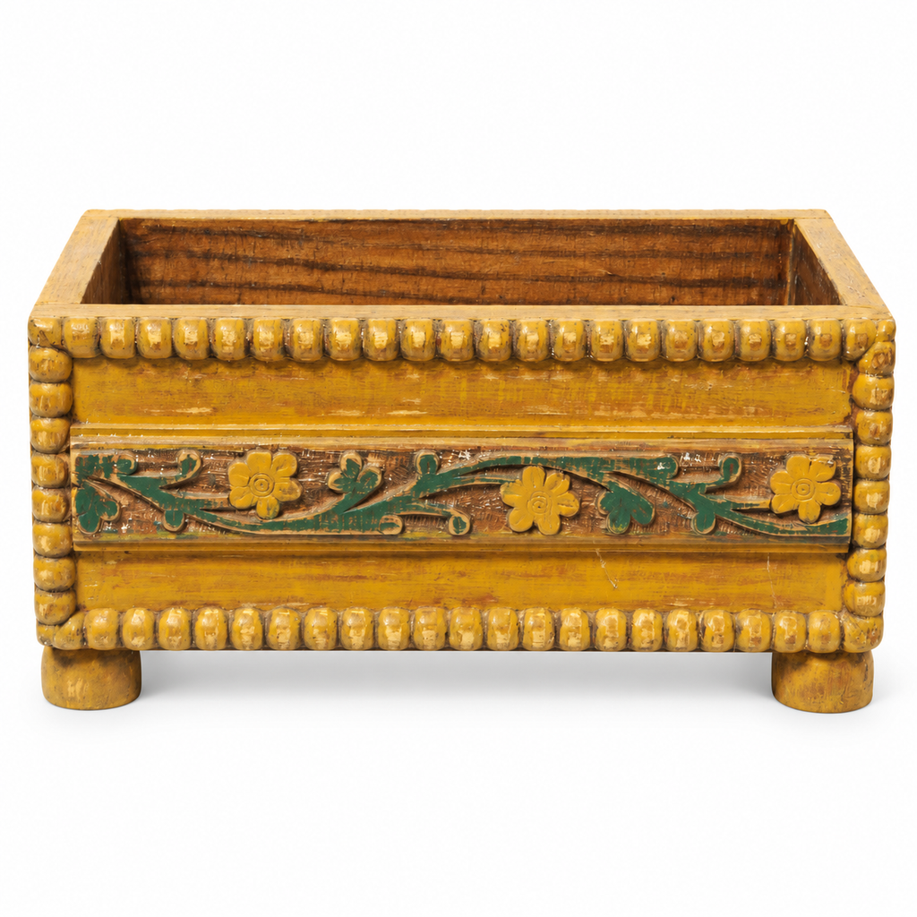 Handcrafted Yellow carved wooden planter product image on white background for table or shelf décor – hoWme