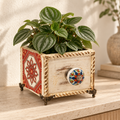 Handcrafted Red Floral Medallion Decoupage Planter styled with plant for table or shelf décor – hoWme