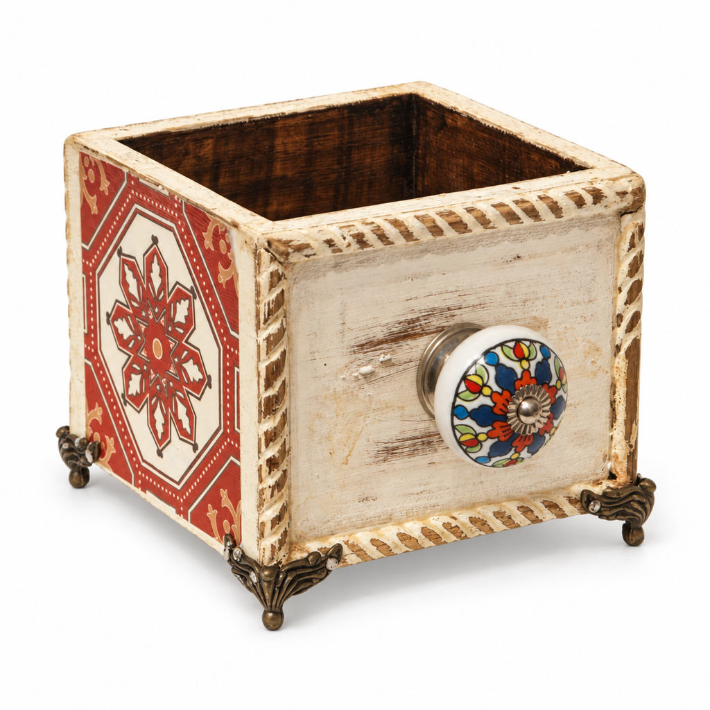 Handcrafted Red Floral Medallion Decoupage Planter on white background for table or shelf décor – hoWme