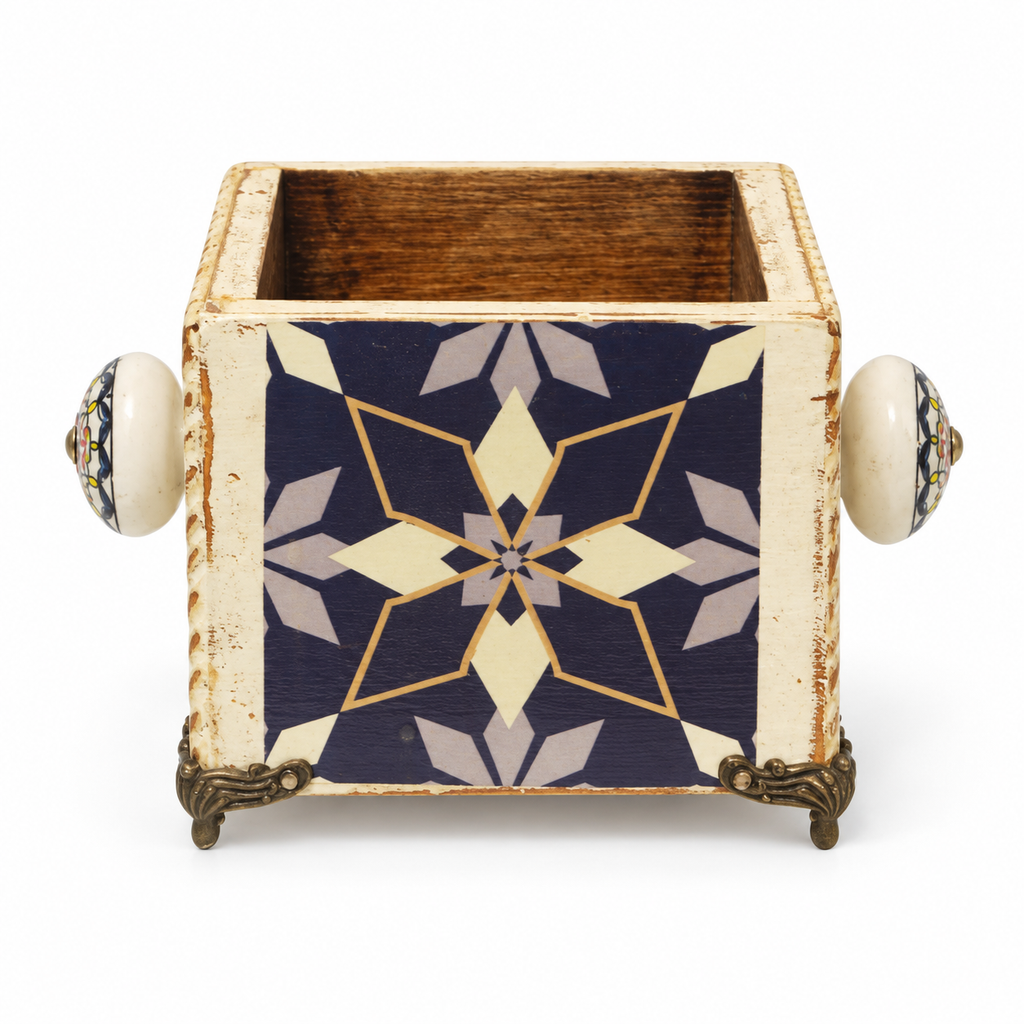 Handcrafted Blue decoupage planter on white background for table or shelf décor – hoWme