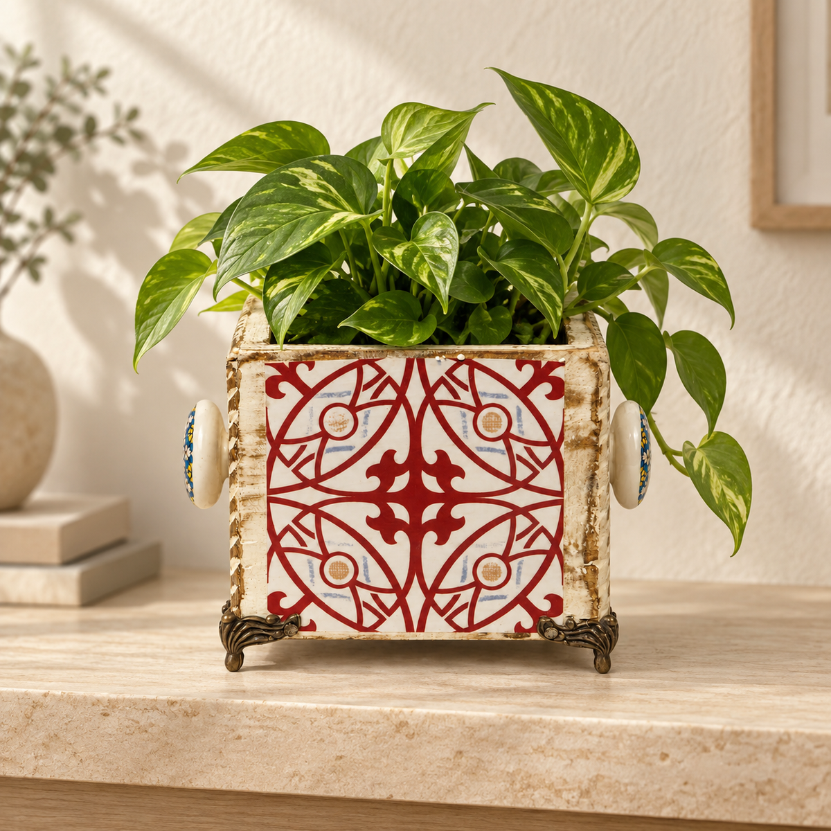 Handcrafted Red Geometric Decoupage Planter styled with plant for table or shelf décor – hoWme