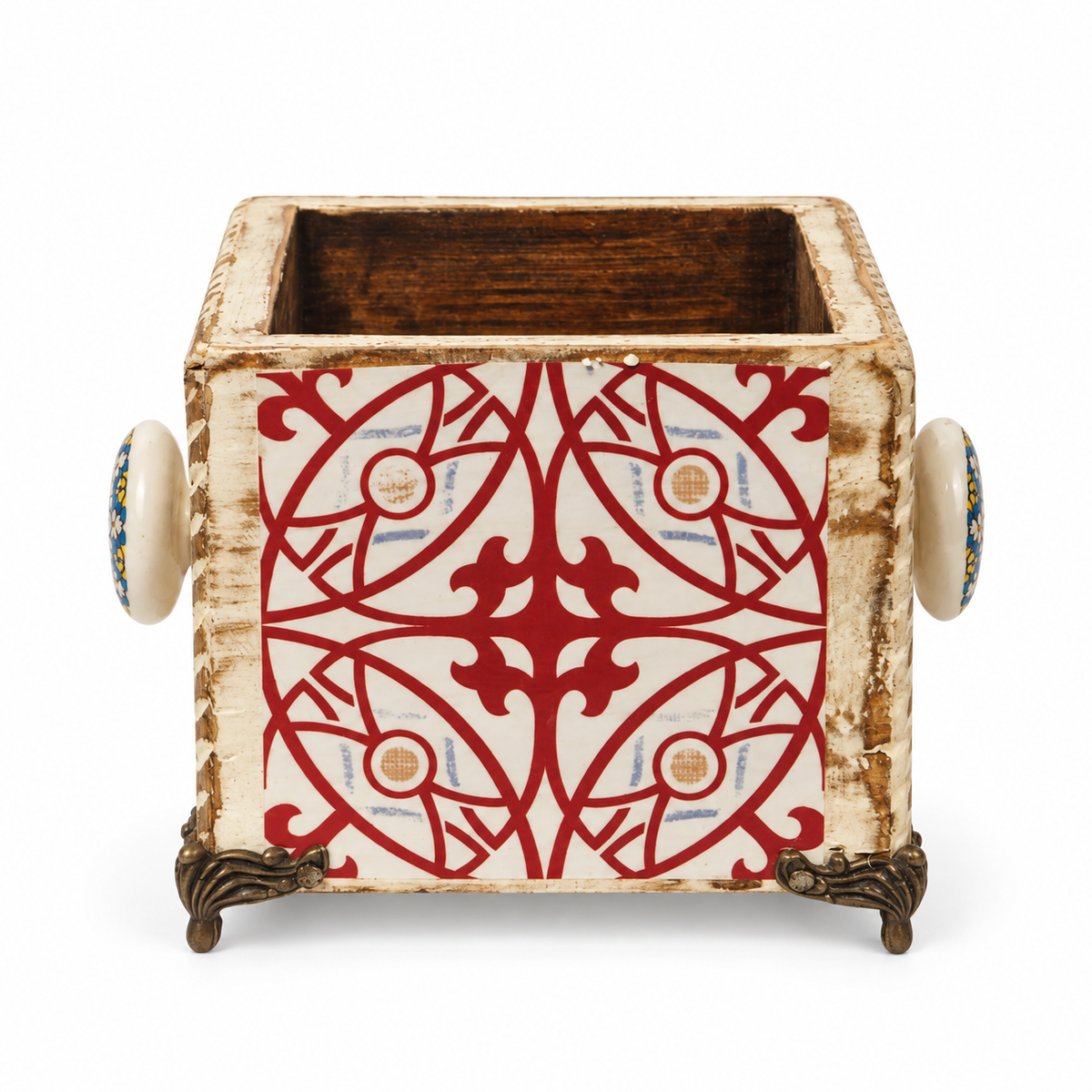 Handcrafted Red Geometric Decoupage Planter on white background for table or shelf décor – hoWme