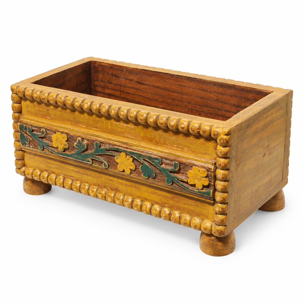 Handcrafted Yellow carved wooden planter on white background for table or shelf décor – hoWme