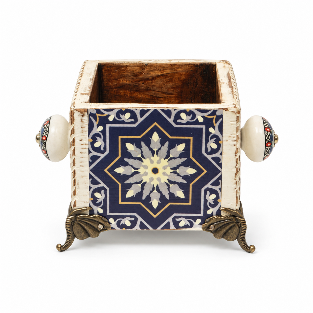 Handcrafted Blue Decoupage Planter 165 on white background for table or shelf décor – hoWme