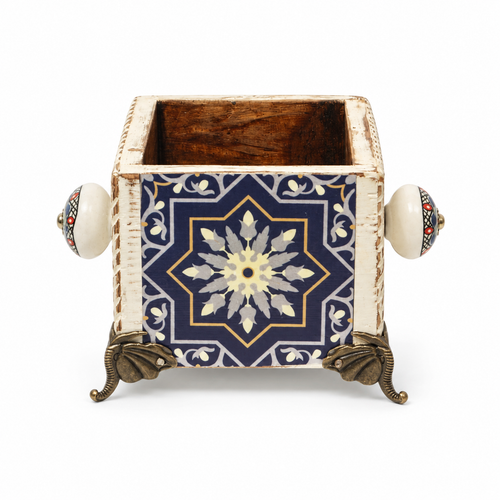Handcrafted Blue Decoupage Planter 165 on white background for table or shelf décor – hoWme