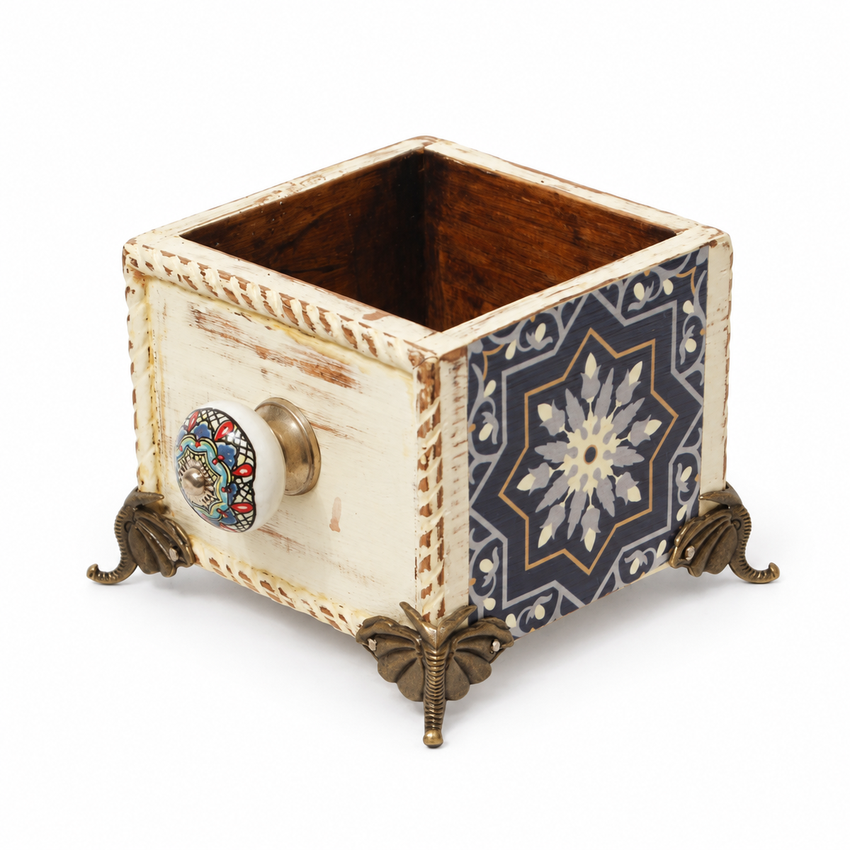 Handcrafted Blue Decoupage Planter 167 on white background for table or shelf décor – hoWme