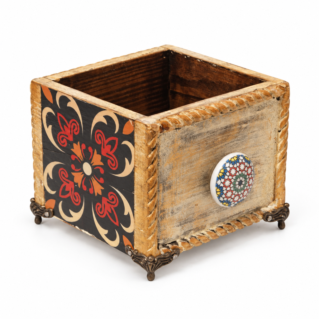 Handcrafted Red and Blue Decoupage Planter 170 on white background for table or shelf décor – hoWme