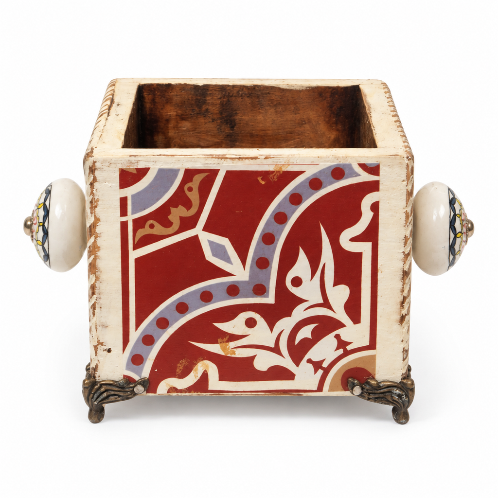 Handcrafted Red Abstract Floral Decoupage Planter on white background for table or shelf décor – hoWme