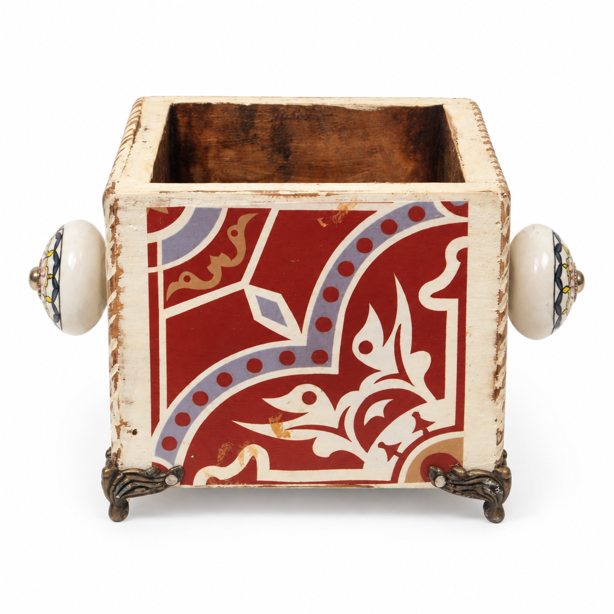 Handcrafted Red Abstract Floral Decoupage Planter on white background for table or shelf décor – hoWme