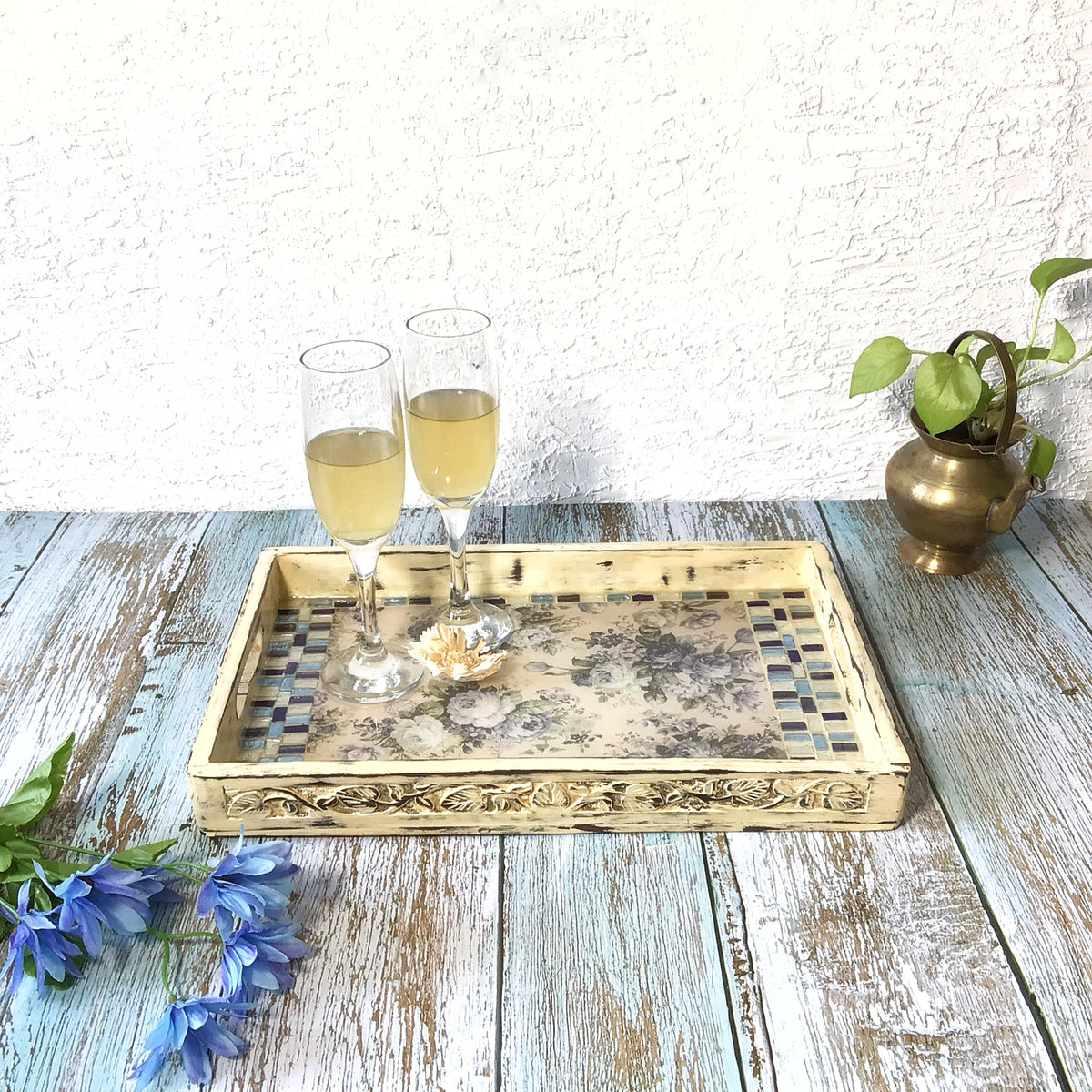 Handcrafted Carved floral mosaic wooden tray – view 7 for table or shelf décor – hoWme