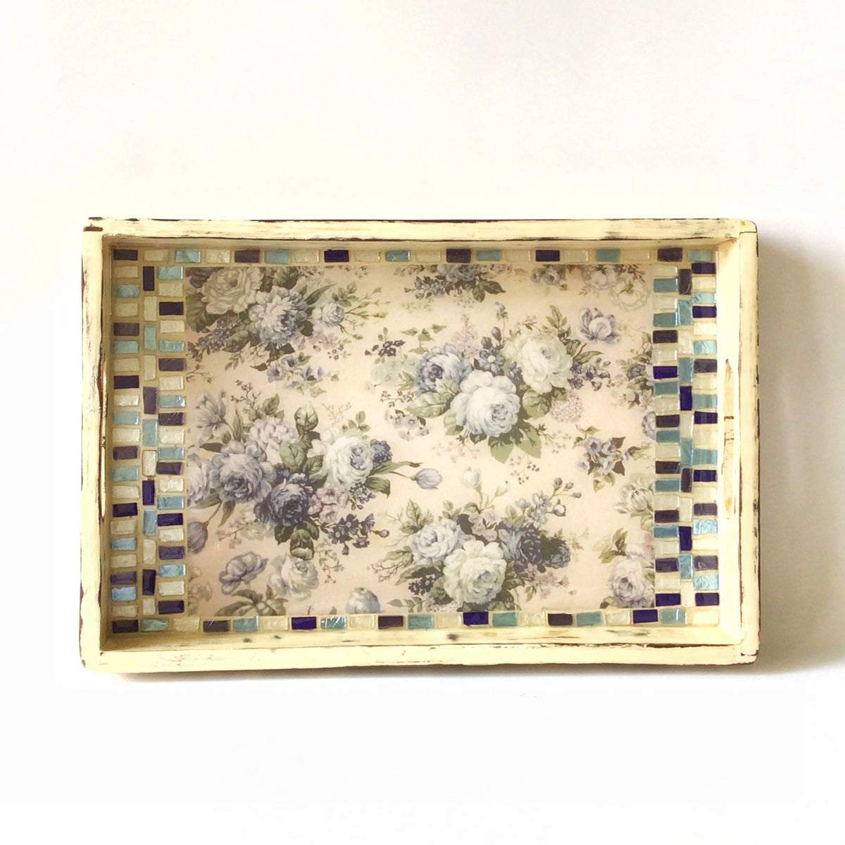 Handcrafted Carved floral mosaic wooden tray – view 3 for table or shelf décor – hoWme
