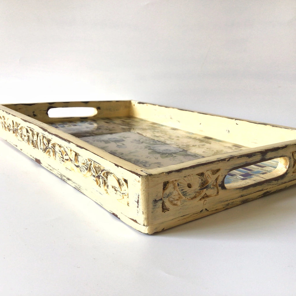 Handcrafted Carved floral mosaic wooden tray – view 5 for table or shelf décor – hoWme
