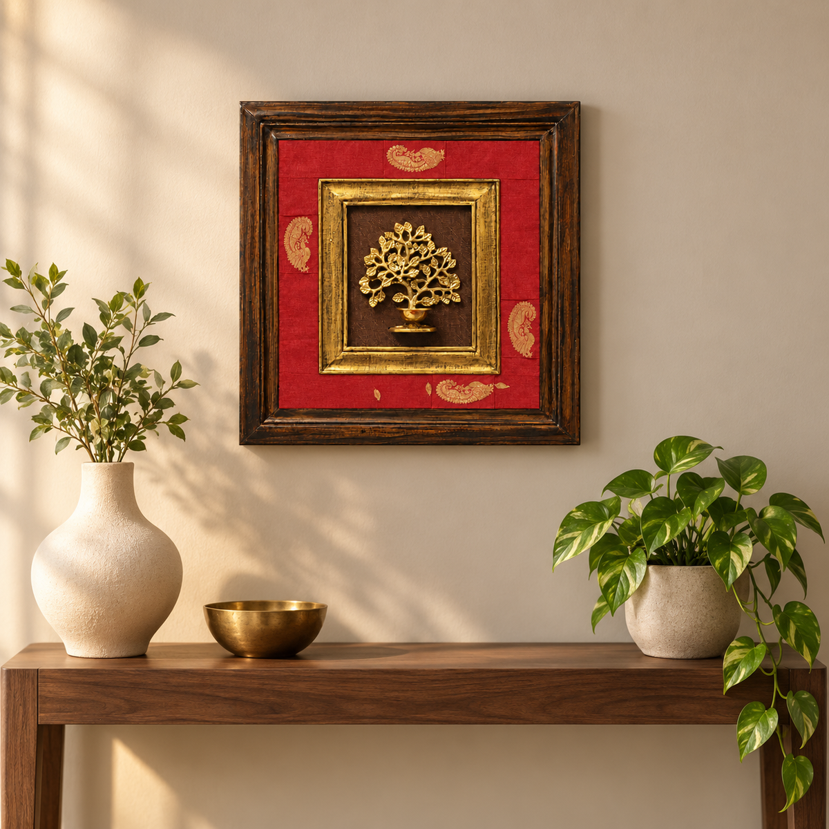 Handcrafted Bodhi Tree with Diya Brass Artefact Frame muted red wall creative – hoWme