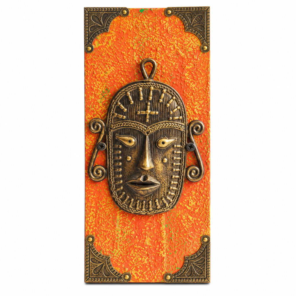 Handcrafted Tribal Face brass artefact mounted on wood for wall décor – hoWme
