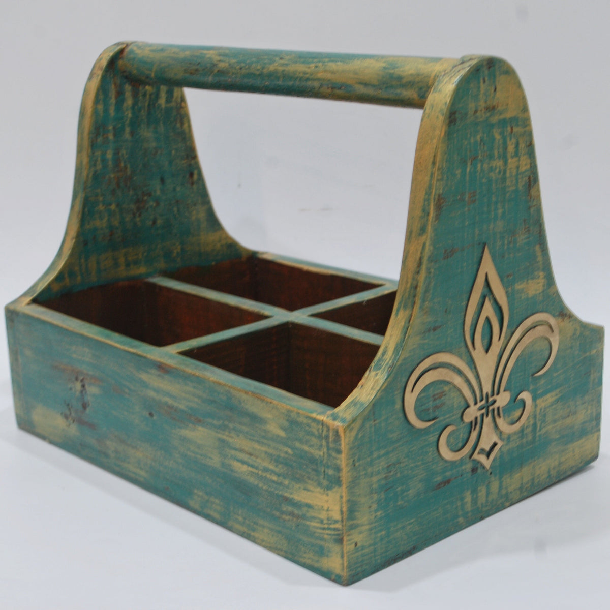 Turquoise blue wooden organiser caddy with four compartments and handle - hoWme