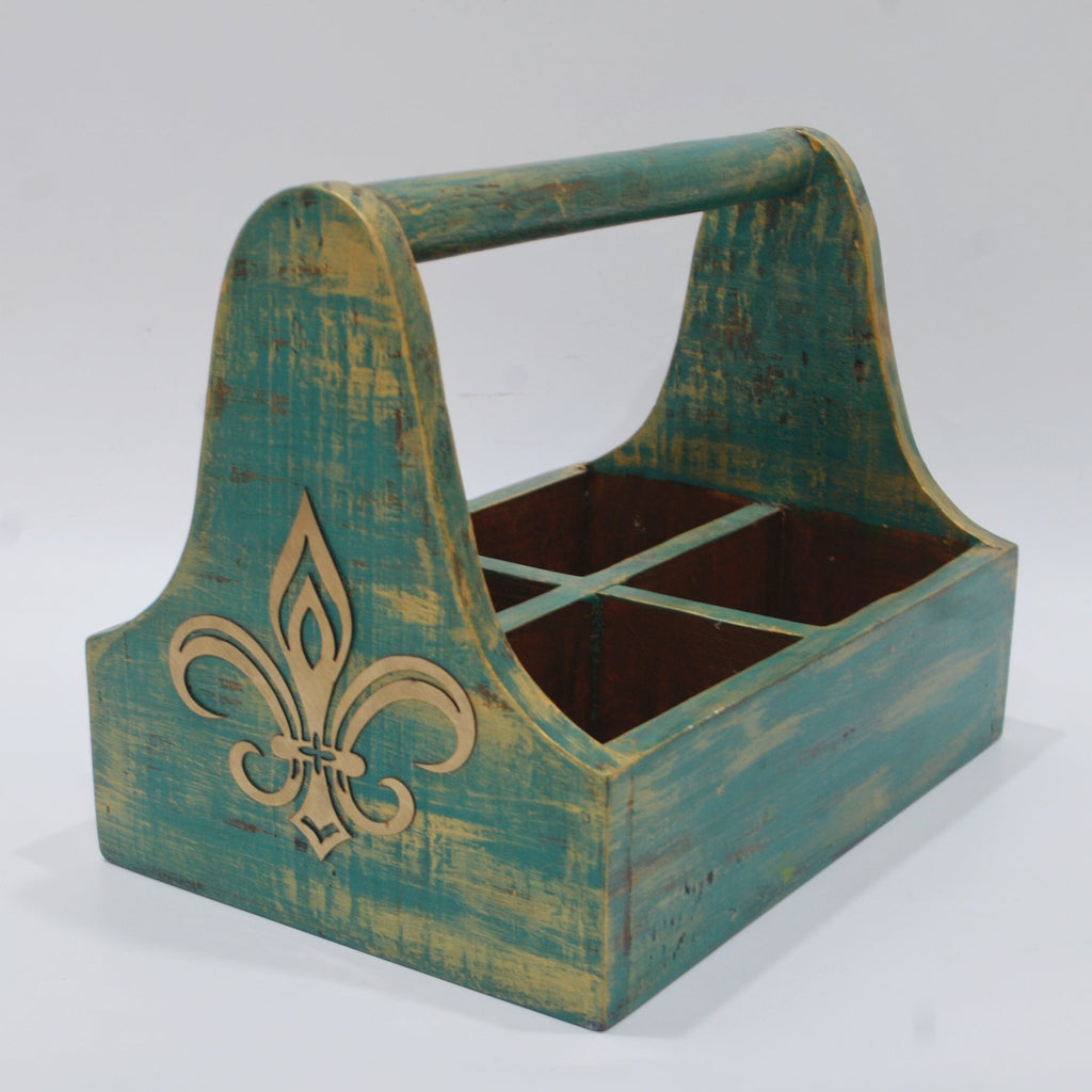 Turquoise blue handcrafted wooden organiser caddy with fleur-de-lis accent - hoWme