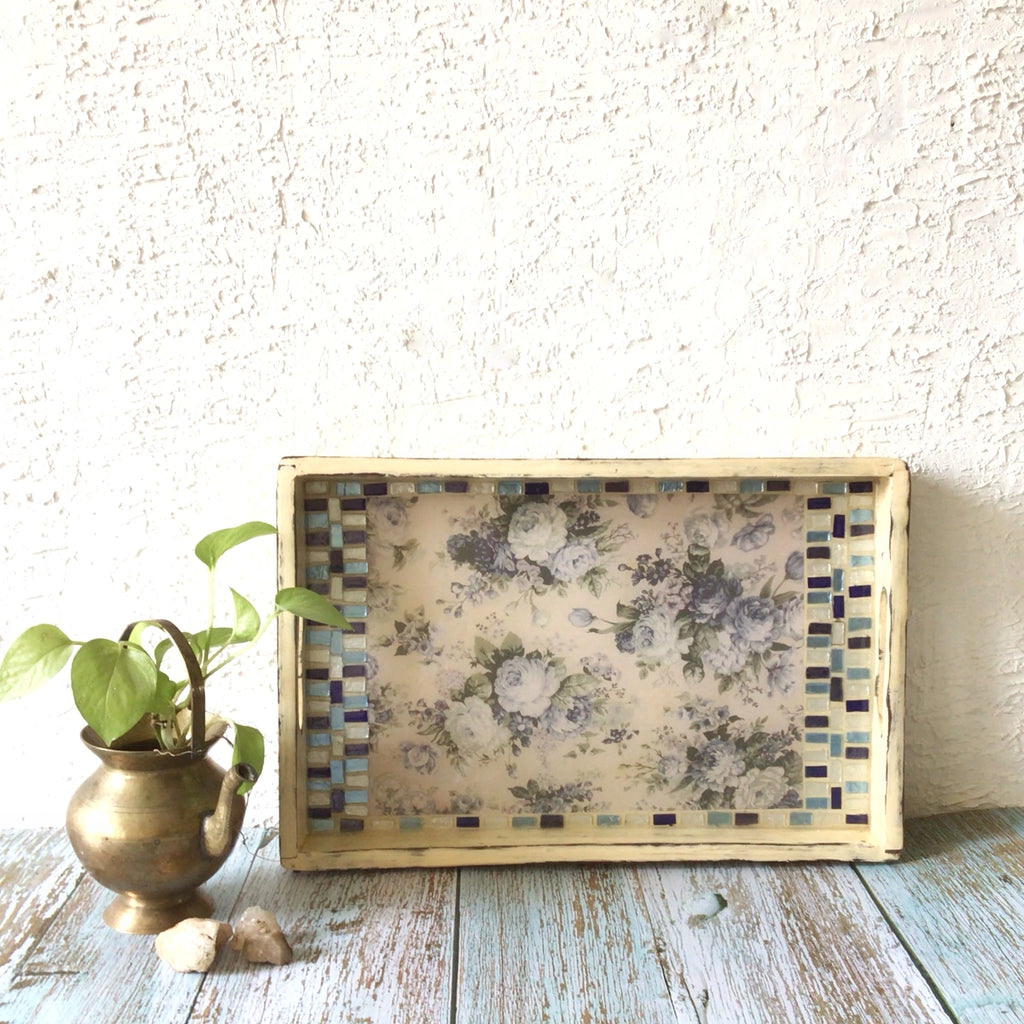 Handcrafted Carved floral mosaic wooden tray – view 6 for table or shelf décor – hoWme