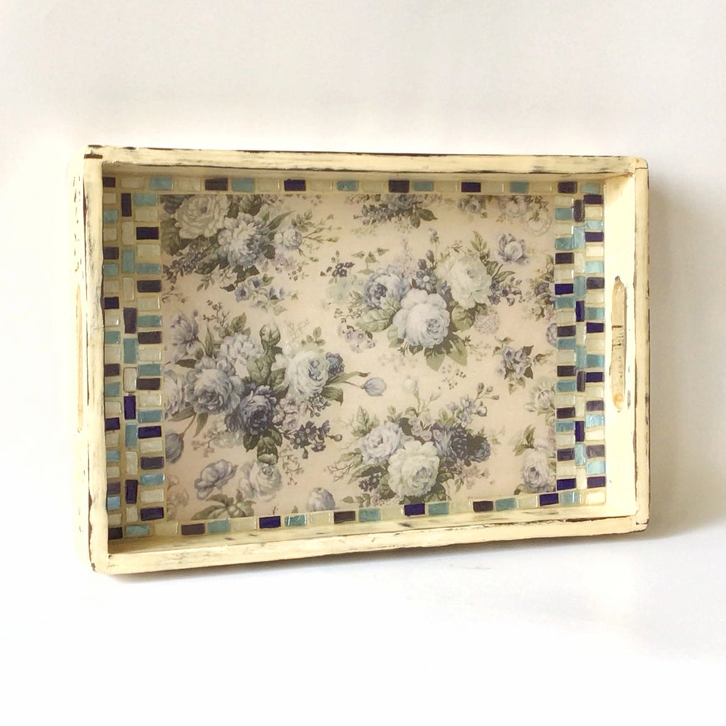 Handcrafted Carved floral mosaic wooden tray – view 4 for table or shelf décor – hoWme