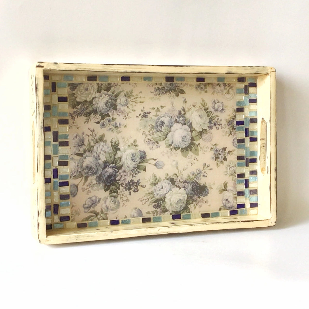 Handcrafted Carved floral mosaic wooden tray – view 4 for table or shelf décor – hoWme