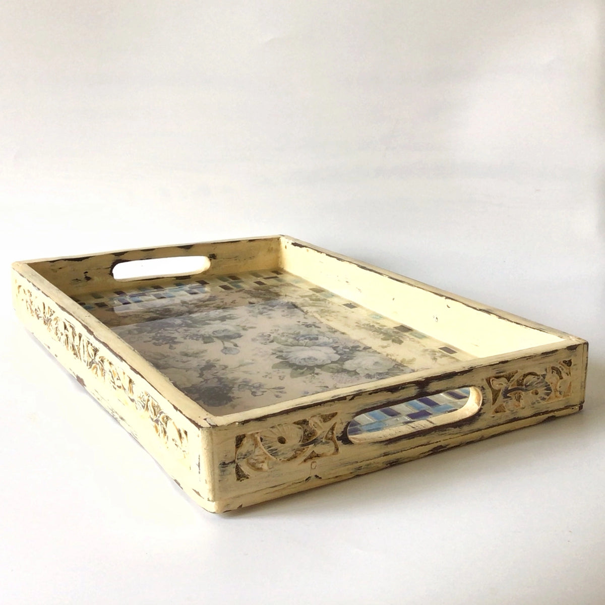 Handcrafted Carved floral mosaic wooden serving tray – hoWme