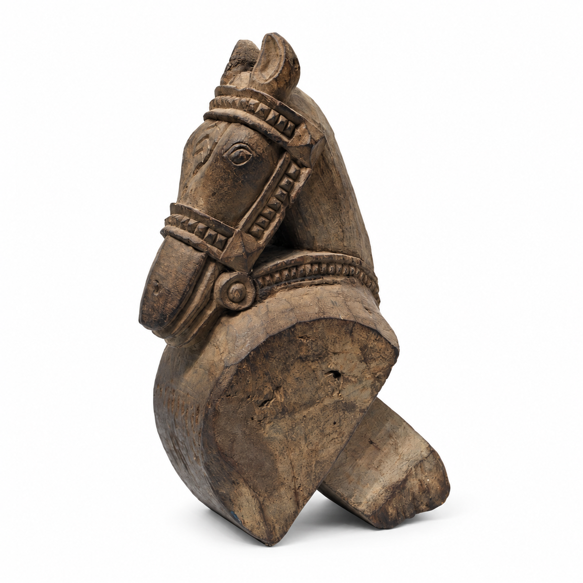 Antique carved wooden horse table accent on a white background. hoWme