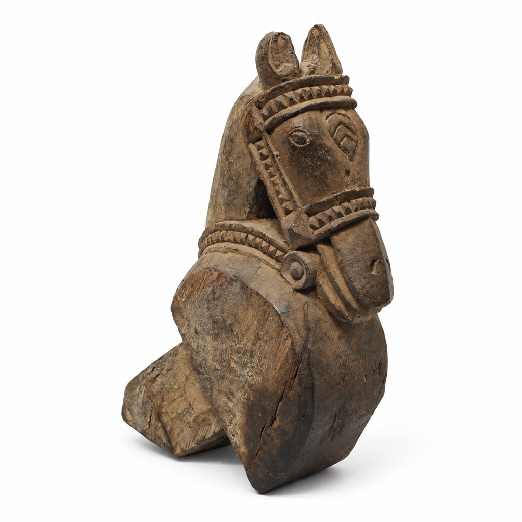 Antique finish carved wooden horse tabletop accent. hoWme