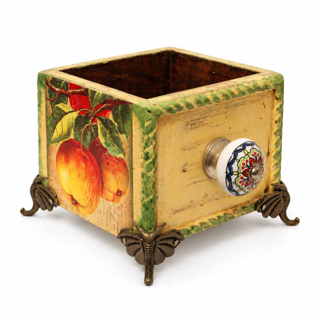 Handcrafted Apple decoupage planter – angled view on white background for table or shelf décor – hoWme