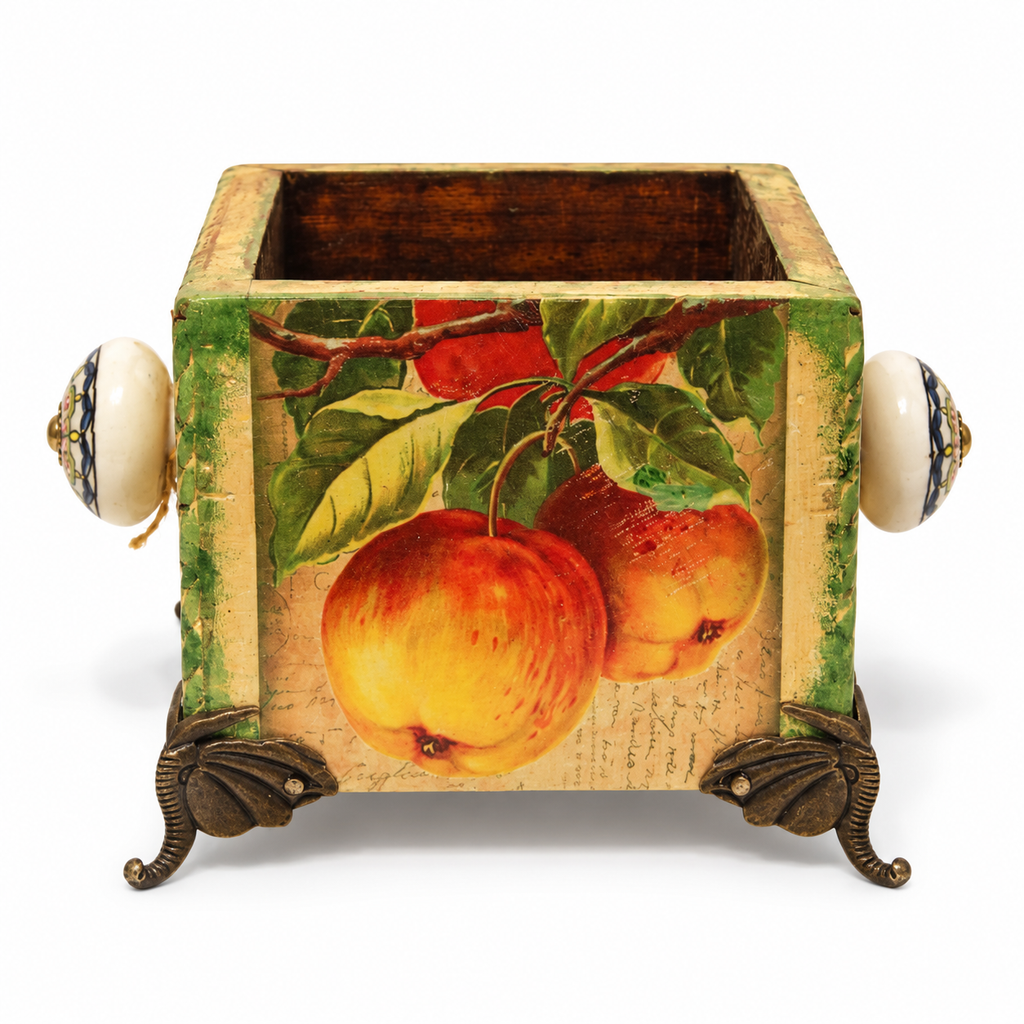 Handcrafted Apple decoupage planter – front view on white background for table or shelf décor – hoWme