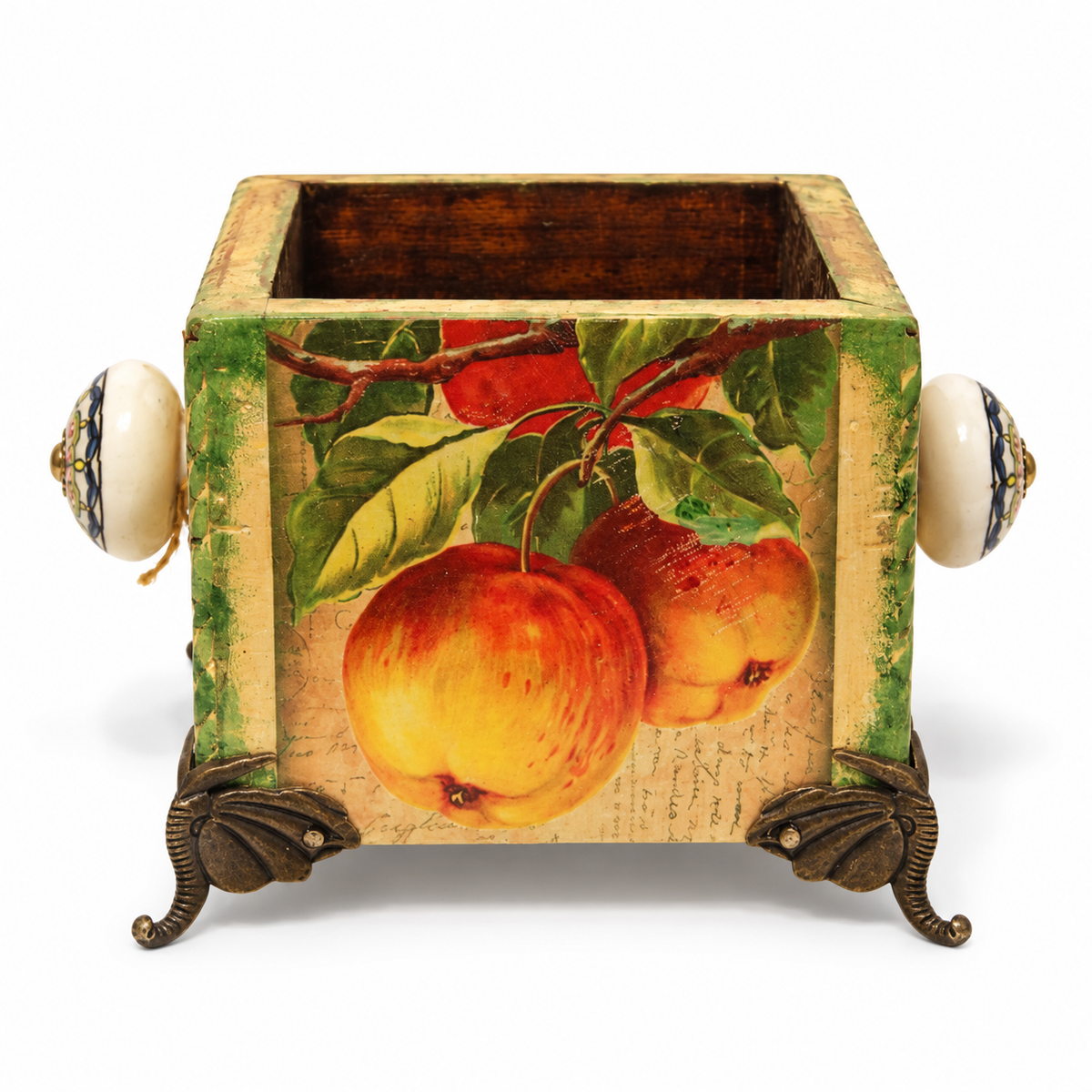 Handcrafted Apple decoupage planter – front view on white background for table or shelf décor – hoWme
