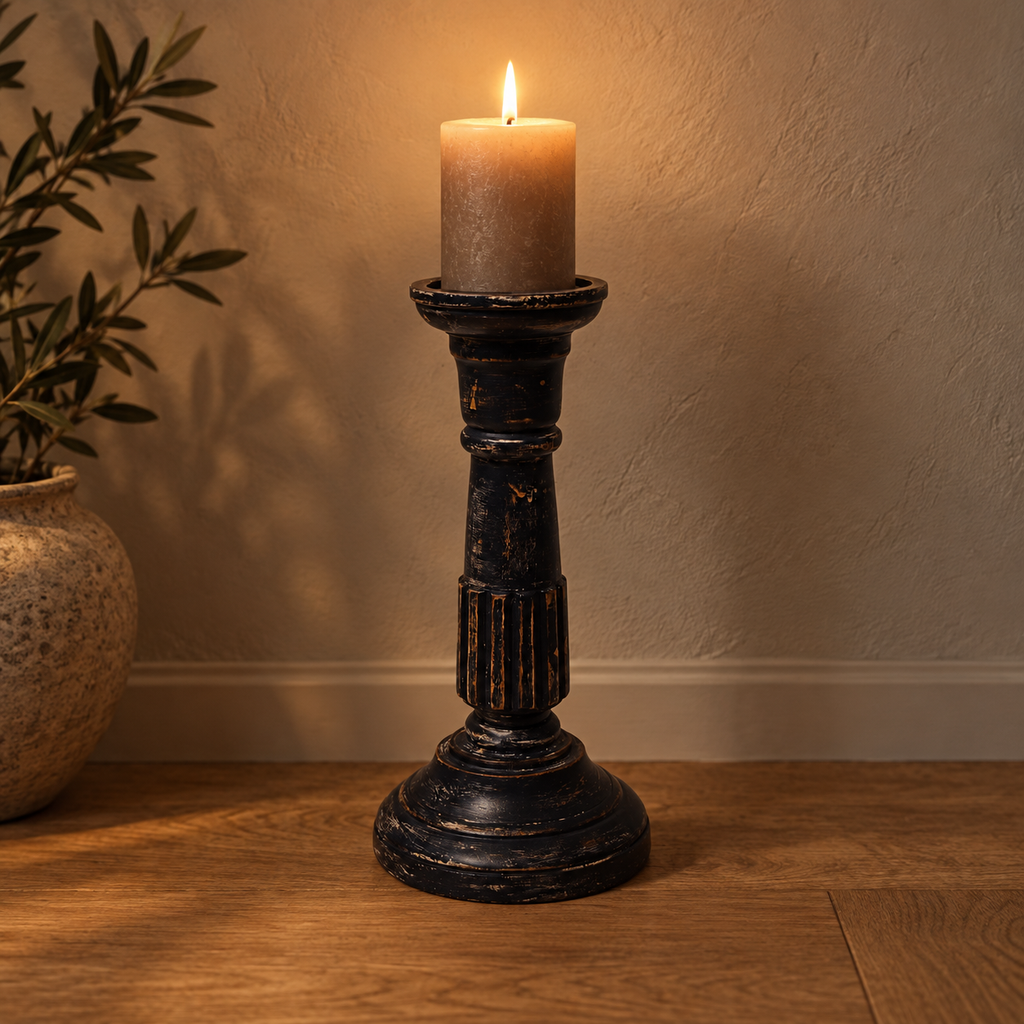 Handcrafted Antique Navy Blue Candle Stand floor lifestyle – hoWme