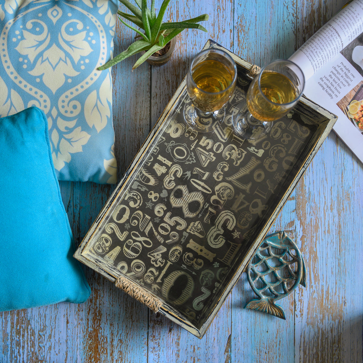 Black typography wooden serving tray styled with two glasses hoWme