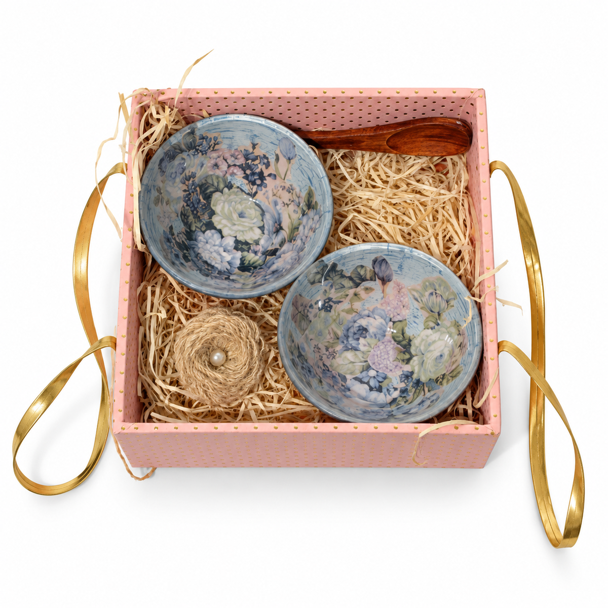 Blue floral bowl gift set in pink box on white background - hoWme
