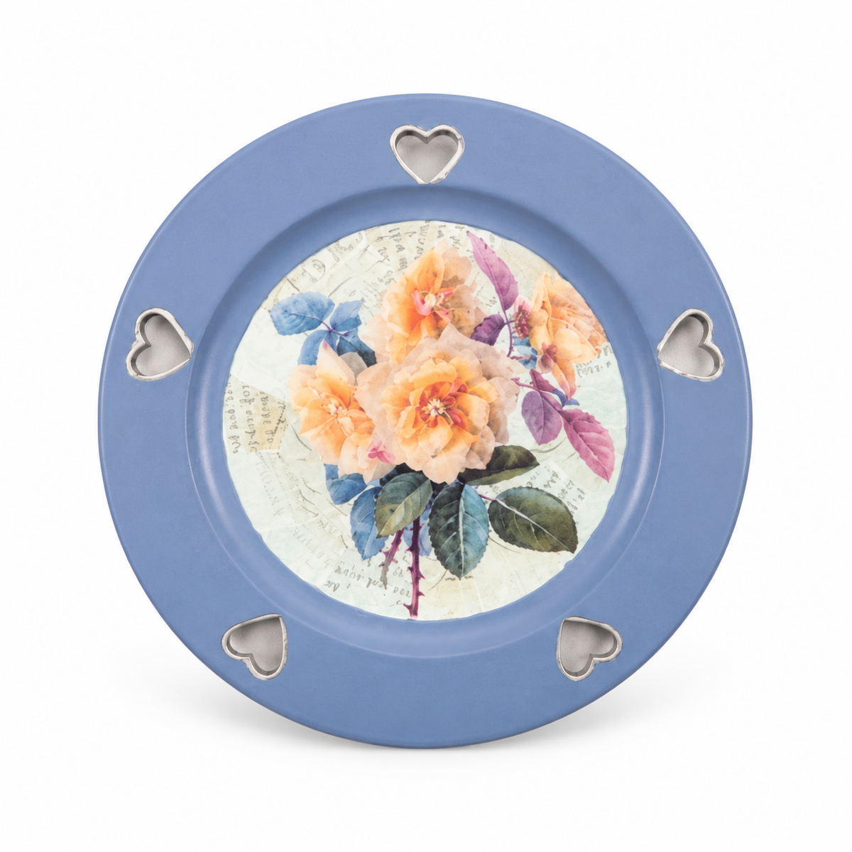 Handcrafted Blue floral decoupage wall plate, view 1 – hoWme
