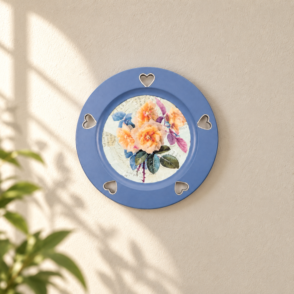 Handcrafted Blue floral decoupage wall plate, view 2 – hoWme