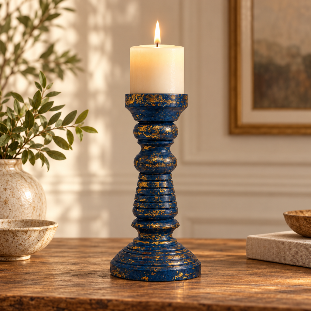 Blue and gold wooden candlestand with candle on a table. hoWme
