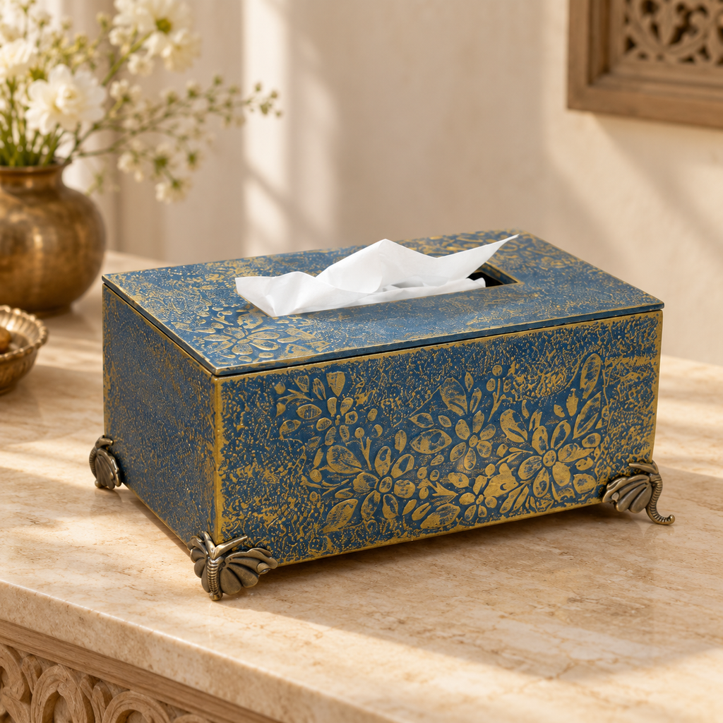 Blue and gold floral MDF tissue holder with brass feet in a warm interior setting – hoWme