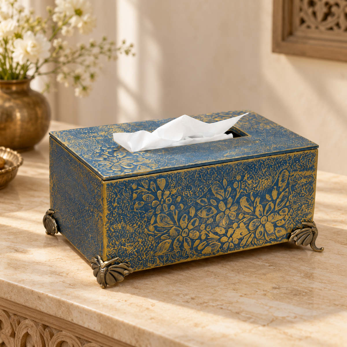 Blue and gold floral MDF tissue holder with brass feet in a warm interior setting – hoWme