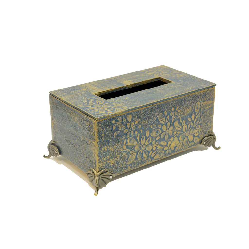 Blue and gold floral MDF tissue holder with brass feet on a white background – hoWme