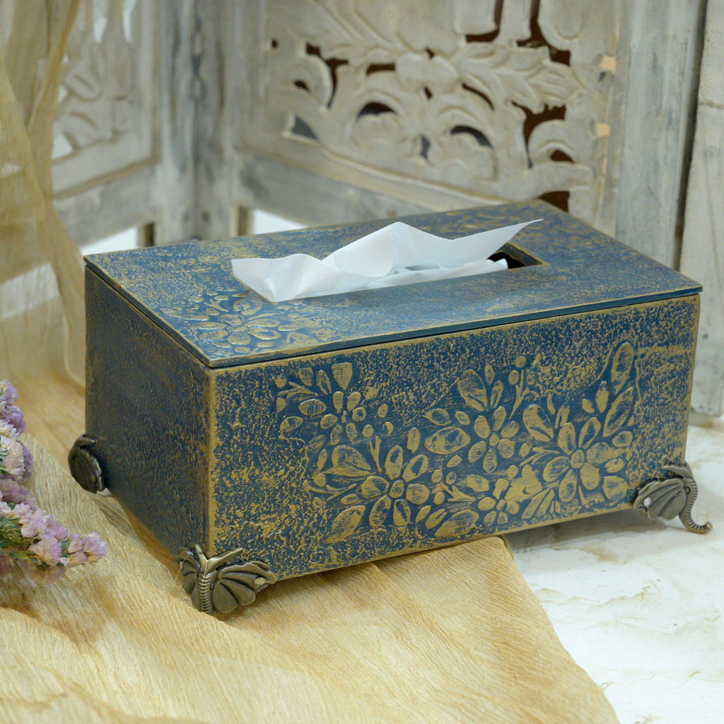 Blue and gold floral MDF tissue holder with brass feet for table décor – hoWme