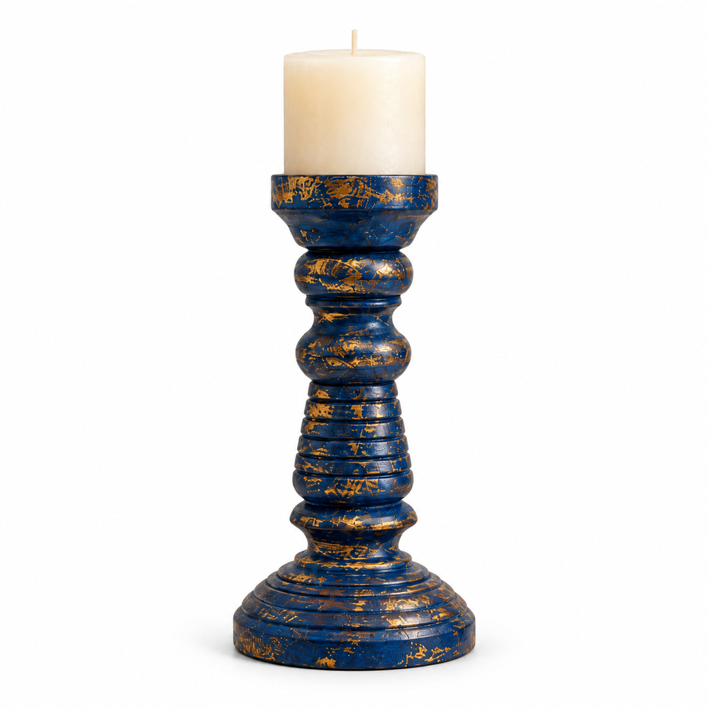 Blue and gold wooden candlestand on white background. hoWme