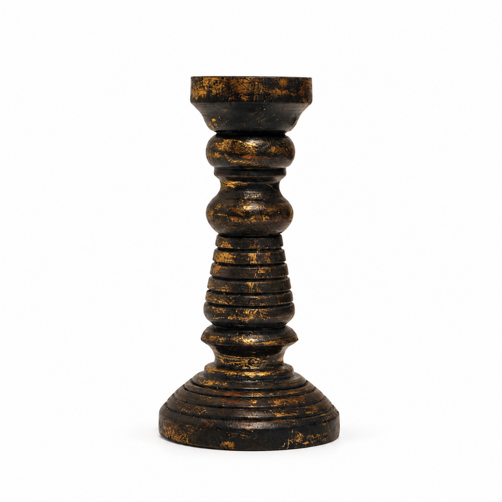 Blue and gold wooden candlestand, 15 cm tall. hoWme