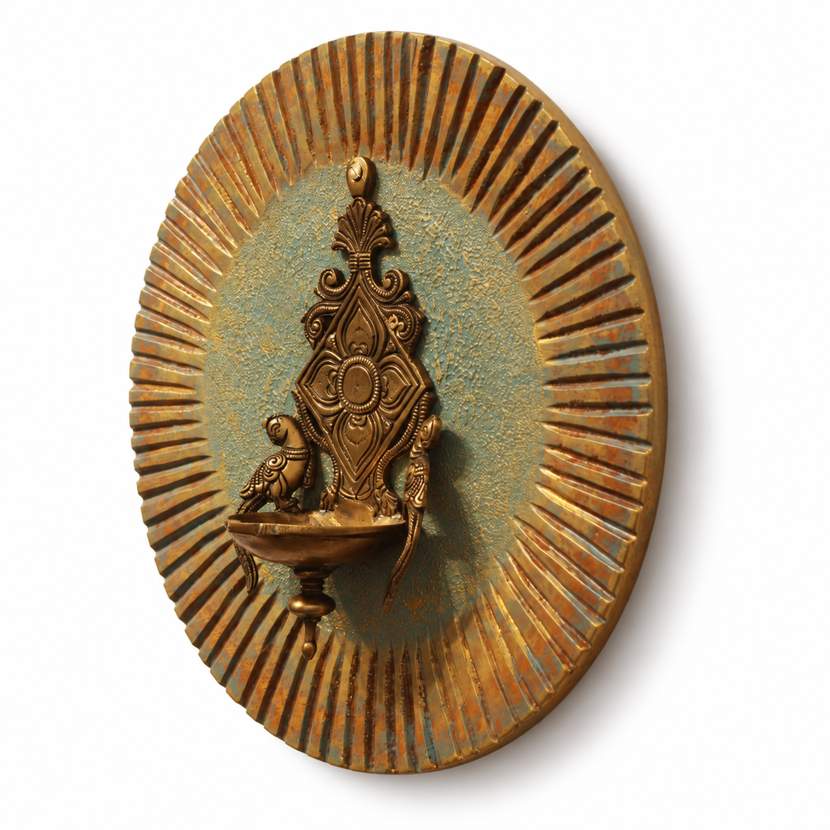 Blue and gold wooden wall plate with brass diya, angled white background view – hoWme
