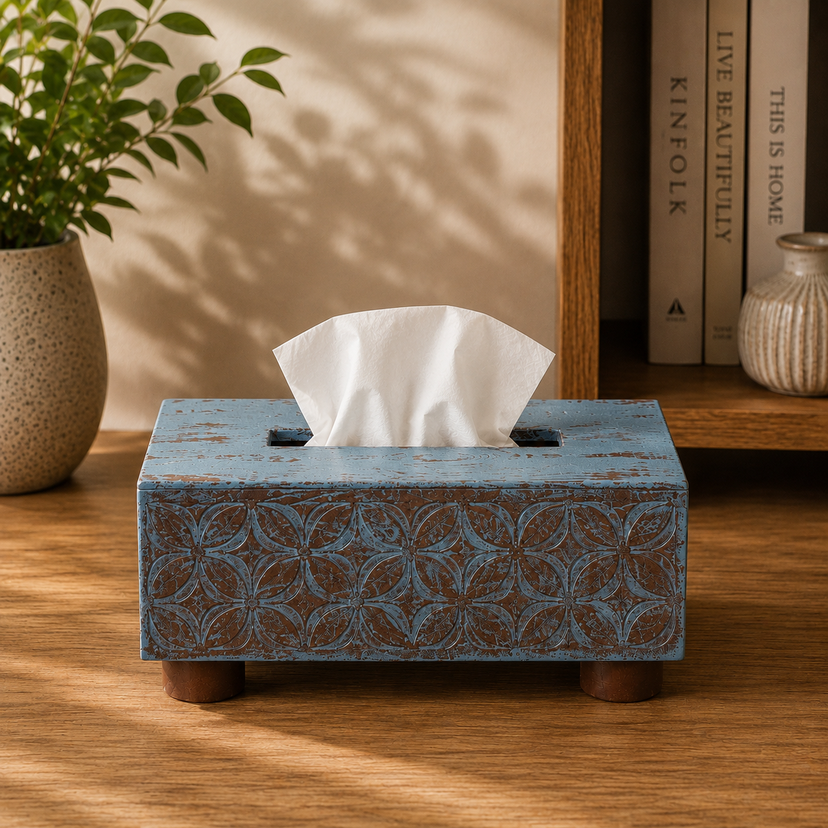 Blue and grey decorative tissue holder – styled interior view for table or shelf décor – hoWme