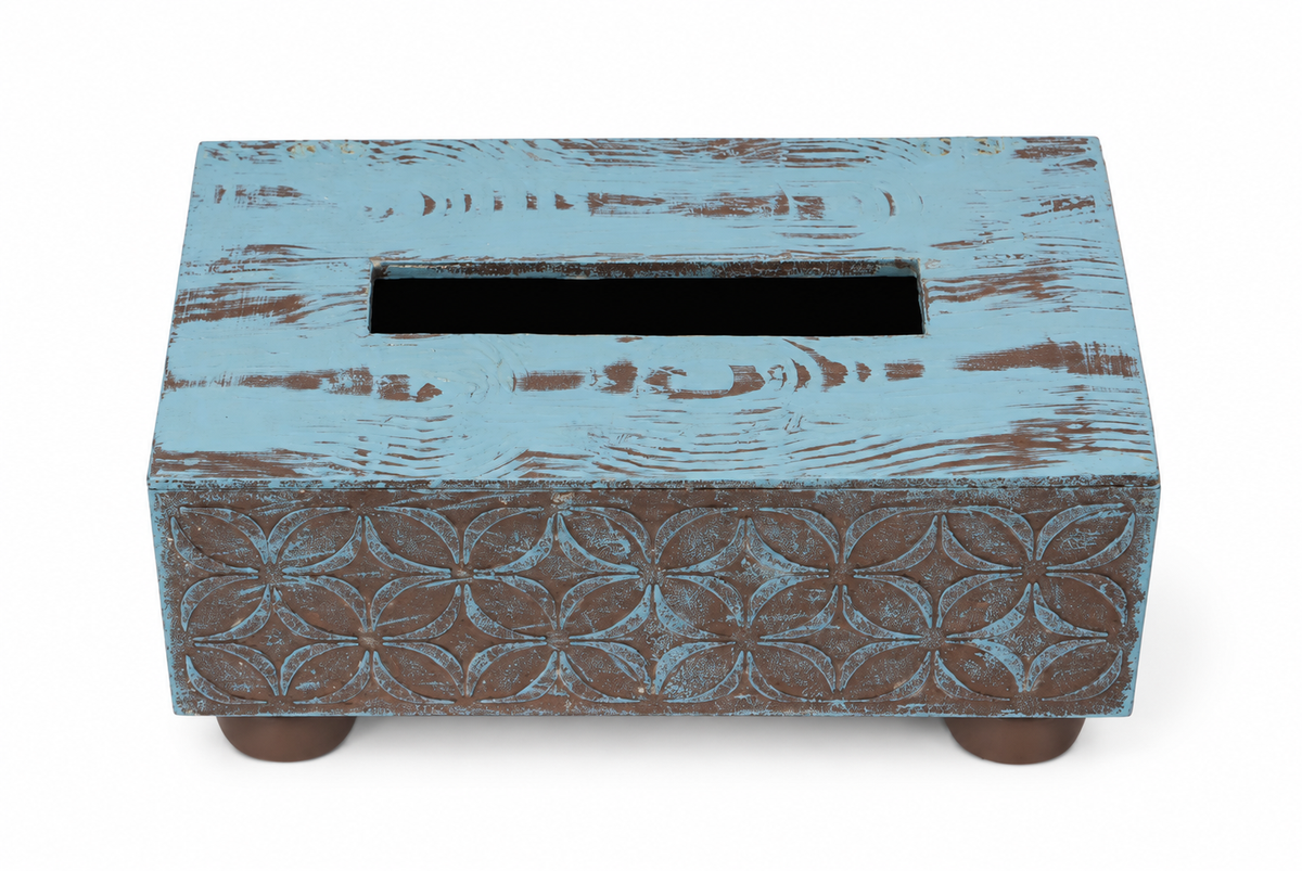 Blue and grey decorative tissue holder on white background – view one for table or shelf décor – hoWme