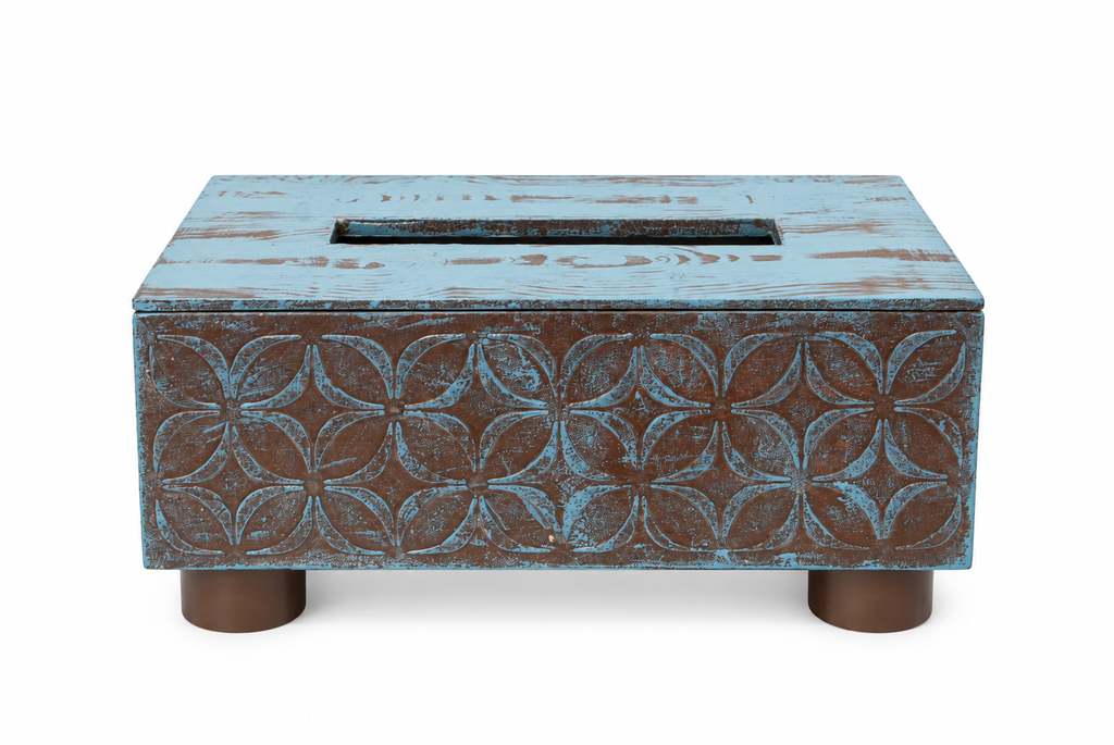 Blue and grey decorative tissue holder on white background – view two for table or shelf décor – hoWme